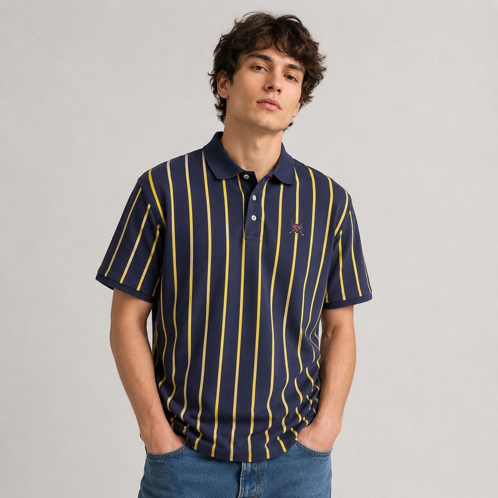 Vintage Polo Ralph Lauren Golf Crest Striped Polo Shirt Navy Yellow Men's Large